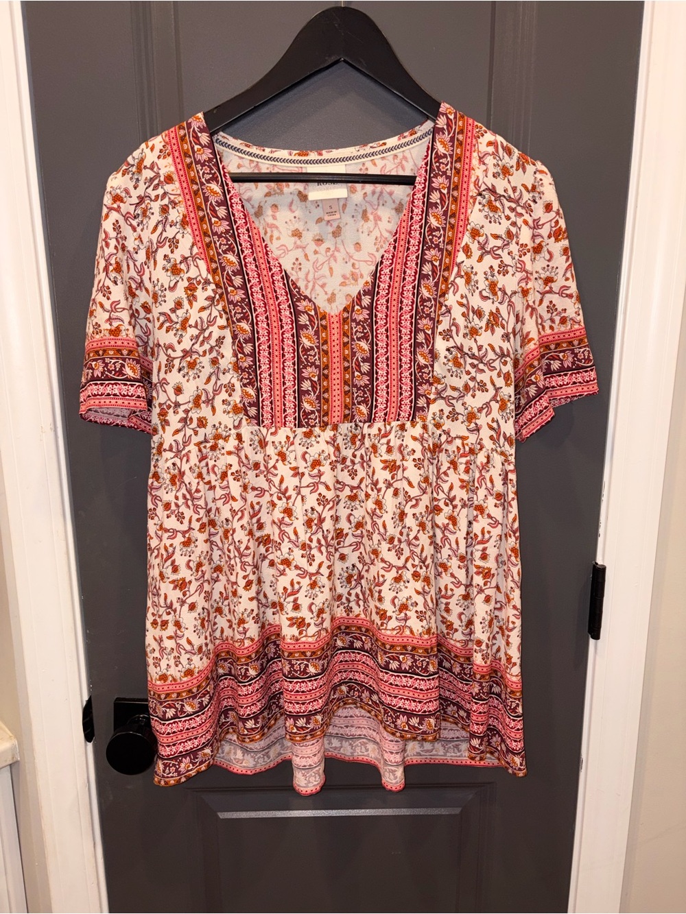 Knox Rose Boho Floral Tunic Top | Babydoll Peasant Style | Size Small